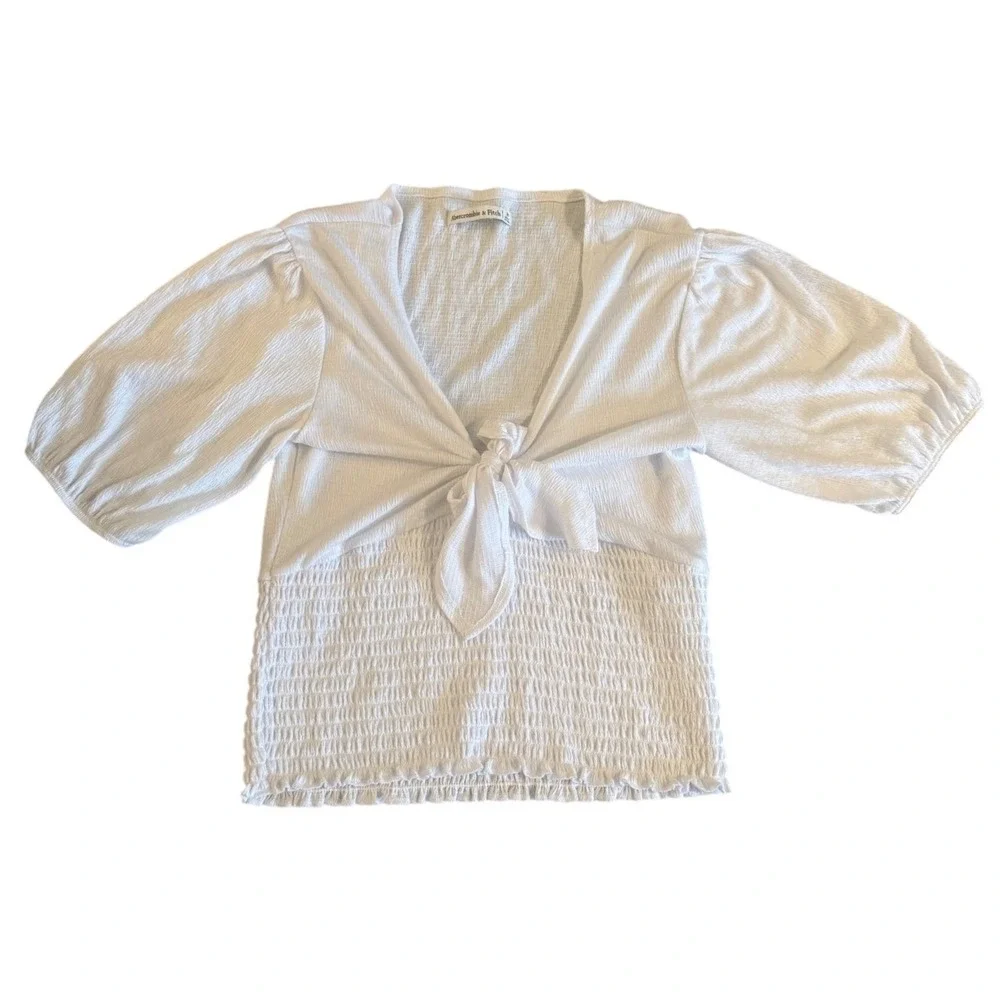 Abercrombie‎ & Fitch White Tie Front Smocked Puff Sleeve Top Medium